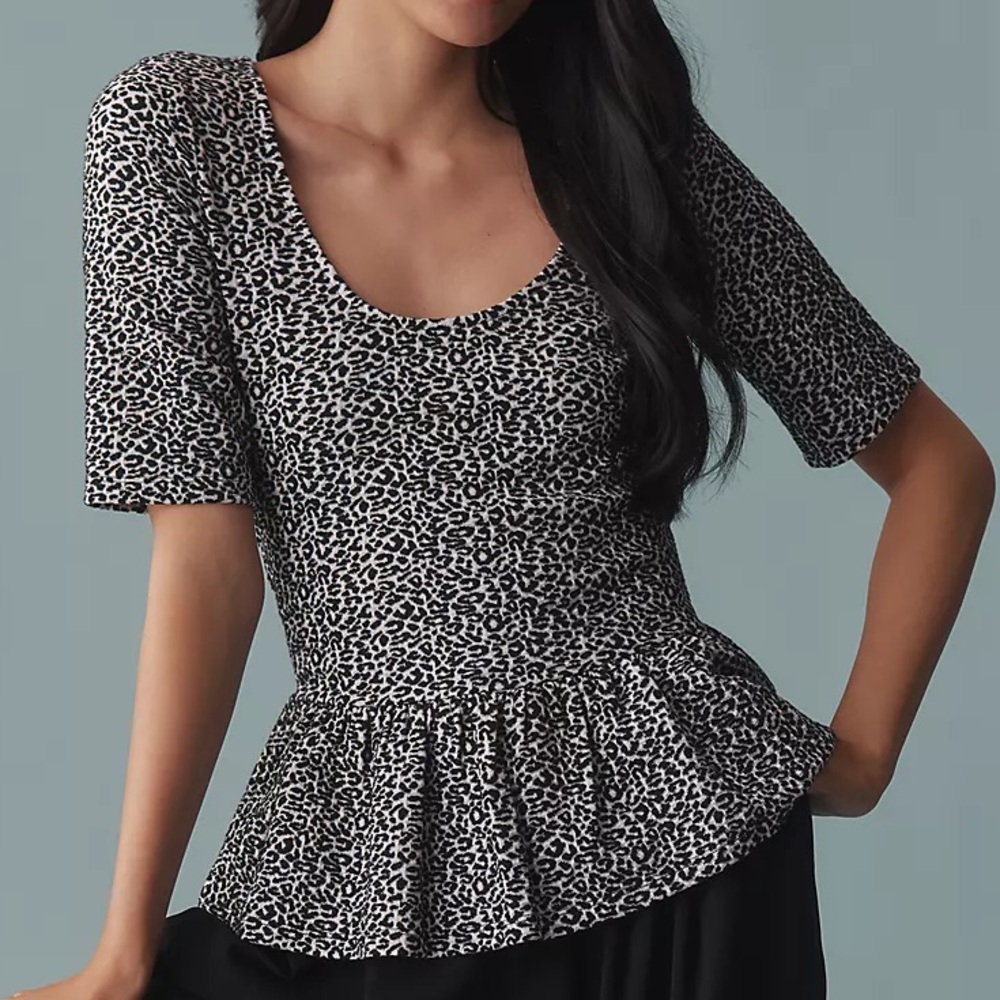Anthropologie Maeve Peplum Scoop Neck Tank Top Leopard Animal Black